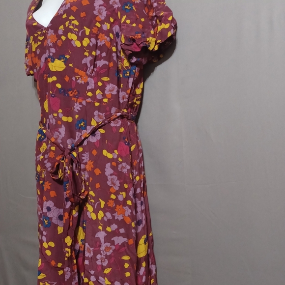 Modcloth dress purple v neck short puff sleeve floral tie waist midi summer XL - Picture 3 of 6